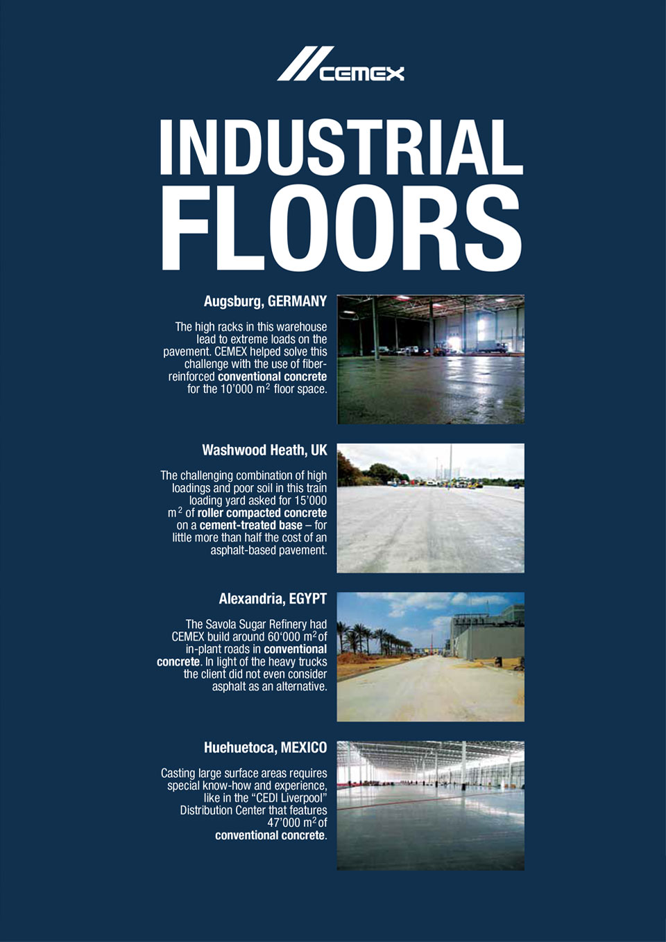 the image shows several industrial floors CEMEX has helped with the construction of